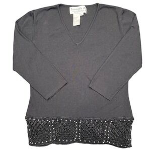 Joseph‎ A Black V Neck 3/4 Sleeve Crochet Lace Beaded Tunic Sweater M